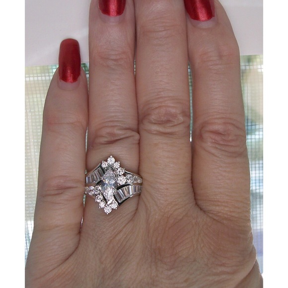 925 STERLING SILVER Marquise & Baguette Cubic Zirconia Cocktail Ring - Picture 2 of 13